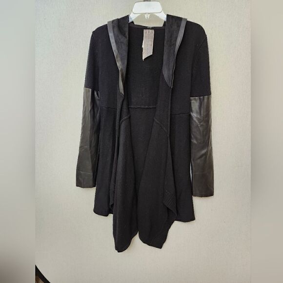 Moon Collection- Black‎ Faux Leather Trim Long Hoodie Jacket md - Picture 10 of 10